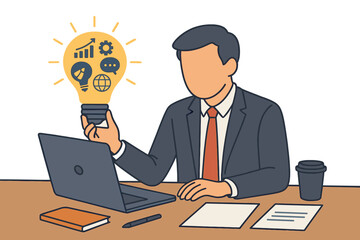 A businessman holding a light bulb with icons works at his desk, highlighting that creativity and innovation are essential for success, while the concept of new ideas and innovation&mdash;driven by energy