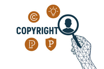 Intellectual property rights, including copyright and patents, safeguard business concepts and the headhunter idea, illustrated with a magnifying glass in a wireframe hand and icons, in vector form