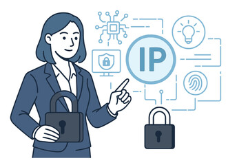 A businesswoman safeguards intellectual property using an advanced technology interface