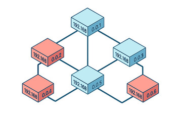 Infographics depicting a 3D network topology with IP addresses illustrated in three dimensions