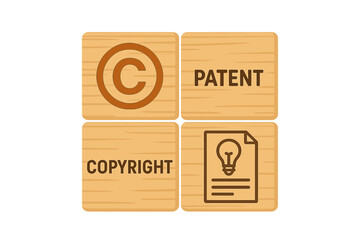 It refers to copyright or patent concepts, author rights, and patent intellectual property, illustrated by wooden blocks bearing a copyright icon