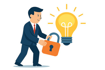 A savvy entrepreneur locks a glowing lightbulb, representing the safeguarding of intellectual property