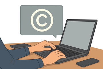 A copyright or patent concept featuring a hand using a laptop on a desk, with a VR screen background showing a copyright icon, a copyleft trademark license, and protection of creation ownership