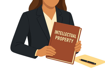 A cropped image shows a female lawyer holding a book marked with intellectual property lettering in a blurred workplace