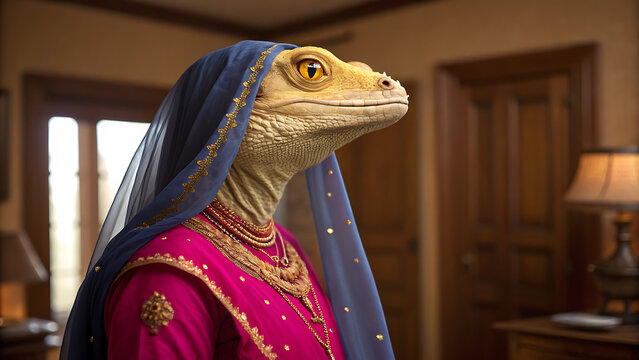 Anthropomorphic Lizard Woman in Indian Sari and Veil, Detailed Portrait
