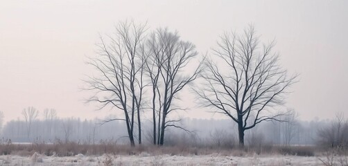 Bare winter trees stand starkly against a muted, frosted landscape, evoking a sense of quiet solitude,  serene,  peaceful