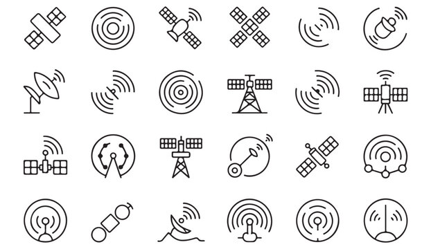 Wireless signal and satellite tracking line icon set for global communication systems