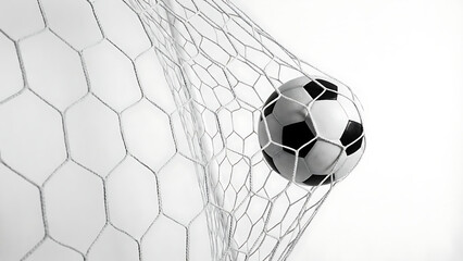 Fototapeta premium Classic Soccer Ball Striking the Net, Symbolizing Victory and the Thrill of the Game
