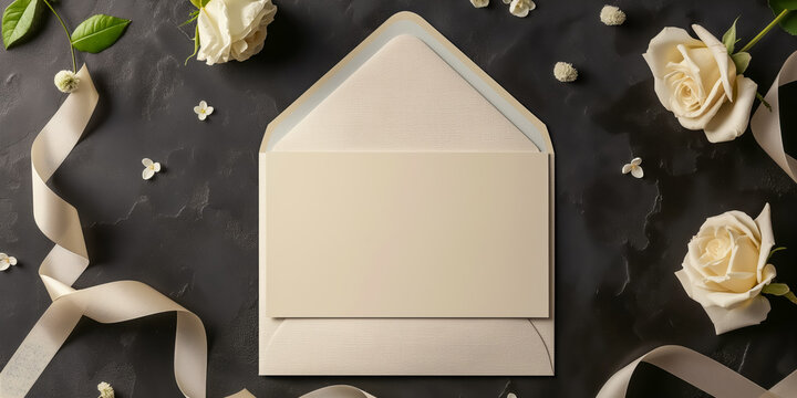 白いバラと封筒のレターセット（招待状モックアップ・余白）