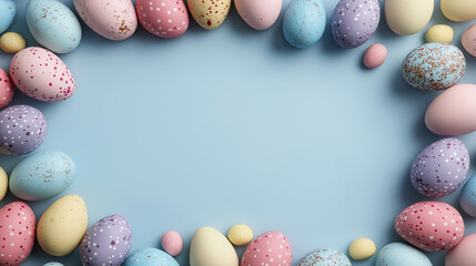 Frame made of easter eggs on the light blue background