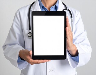 Close-up of blank tablet screen in doctor hands