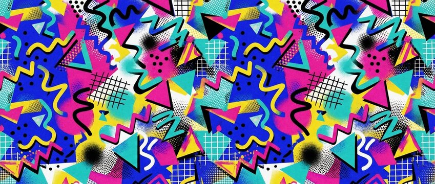 Geometric Memphis Style Pattern with Colorful Abstract Shapes