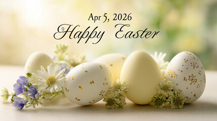 Elegant Happy Easter 2026 greeting card with spring flowers and easter eggs, copy space