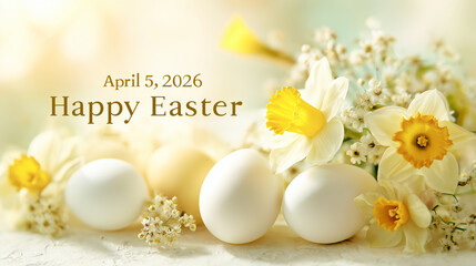Elegant Easter greeting card, eggs and spring flowers on bright background, centered text "April 5, 2026 Happy Easter"