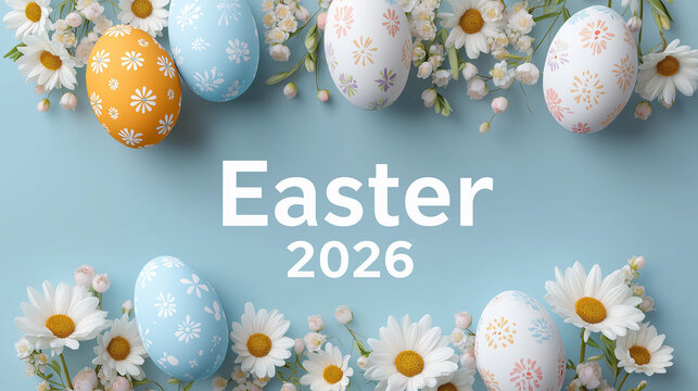 Easter 2026 Spring Greeting Card with Easer Eggs and Daisy Flowers