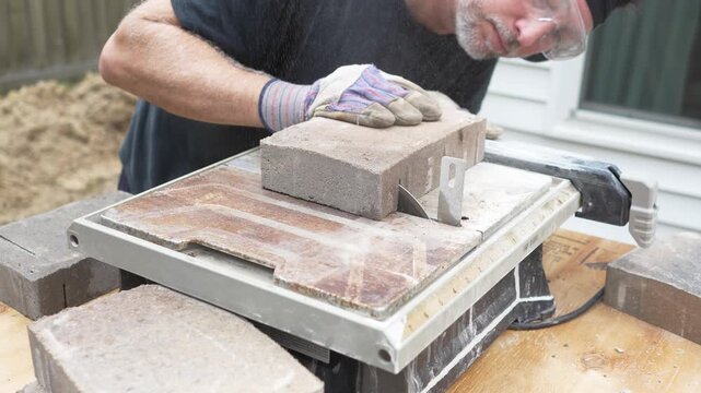 Man working on his home DIY project building a paver patio in his back yard