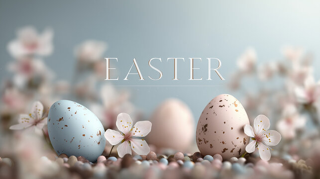 Wide easter banner with soft spring blurred landscape, Easter eggs and flowers, elegant font, great for commercial holiday use