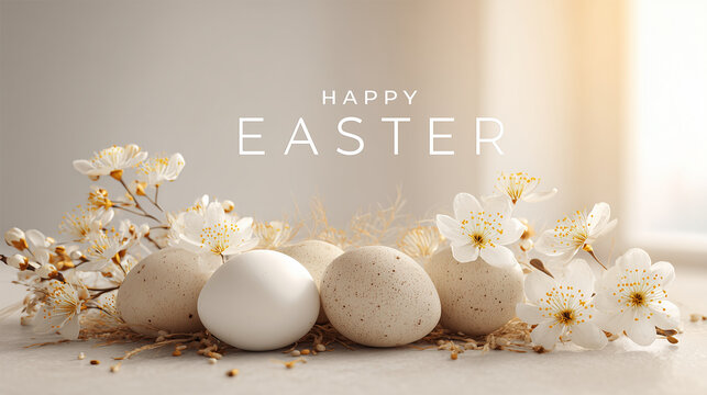 Wide easter banner with eggs, spring flowers and soft sunlight, balanced composition, centered text "Happy Easter", and copy space