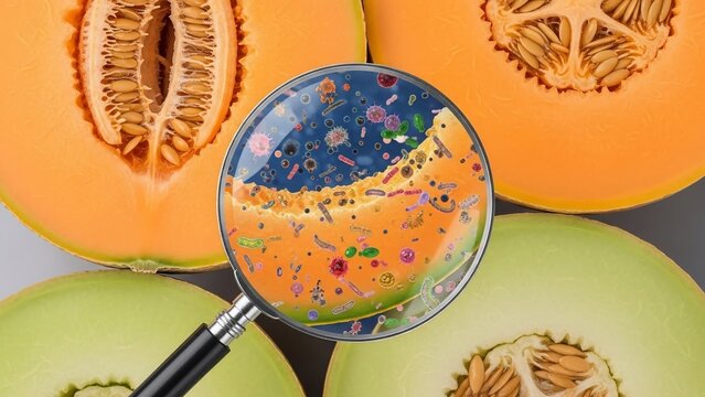 A magnifying glass reveals bacteria on a cut cantaloupe surrounded by whole and cut melons