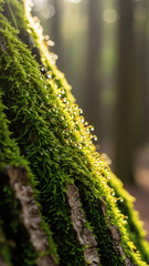 Vibrant green moss on tree bark with dew drops, forest nature texture