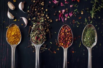 Four spoons filled with spices and herbs, including turmeric, peppercorns, dried flowers, and rosemary, sit on a dark wooden surface with garlic cloves scattered around