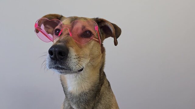 Close-up of a cute dog in pink heart-shaped sunglasses eating a treat. Romantic mascot pet video for Valentine's Day.