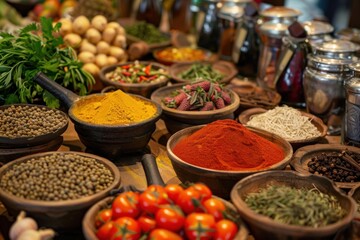 Variety of spices, herbs, and vegetables arranged in bowls on a wooden table, creating a vibrant display