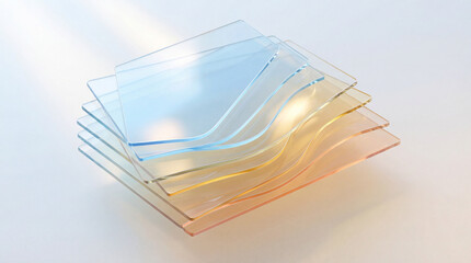 Overlapping translucent glass discs with soft blue and amber tones