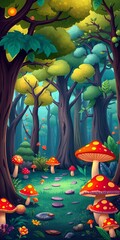 Vibrant cartoon forest with whimsical trees and glowing mushrooms,  illustration,  vibrant