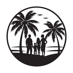 Parents And Kids On Palm Beach Evening Silhouette