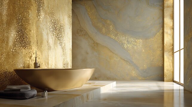 Luxurious modern bathroom interior with gold textured walls and large freestanding bathtub near window with natural light with luxury bathroom - Powered by Adobe