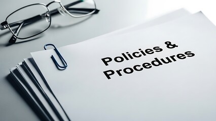 Stack of official policies and procedures documents fastened with a paperclip next to glasses.