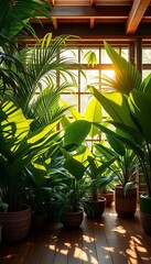 Sunlit tropical plants on wooden floor create serene indoor garden atmosphere,  calm,  easy care plants