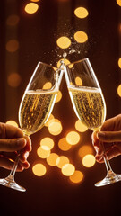 Hands toasting with champagne glasses, celebration and party concept