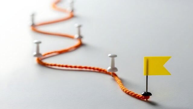 Visualizing a long winding journey marked by pins leading toward a bright yellow destination flag