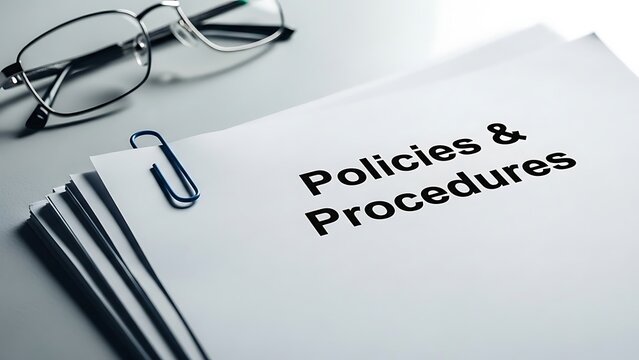 Stack of official policies and procedures documents fastened with a paperclip next to glasses.