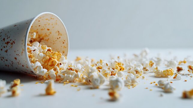 Close-up of spilled popcorn from a paper cup on a white surface, with a shallow depth of field - Powered by Adobe