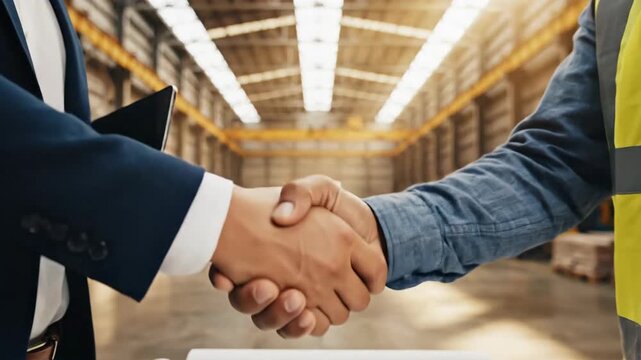 Businessmen shaking hands in warehouse, partnership agreement, deal closing, logistics and supply chain