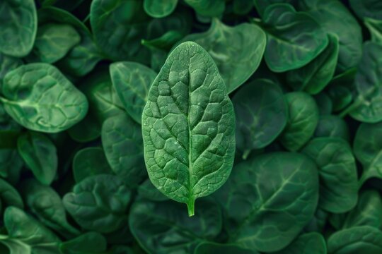 Fresh spinach leaves creating a vibrant green background, with one leaf prominently displayed in the center - Powered by Adobe