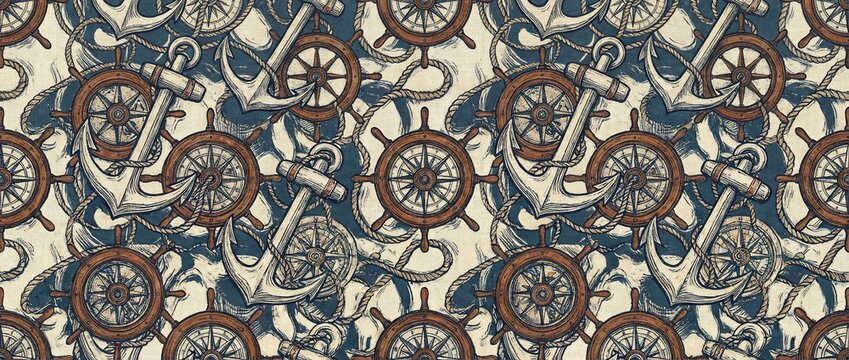 Vintage nautical seamless pattern with anchors and ship wheels