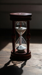 Wooden hourglass with flowing white sand on dark background, time concept