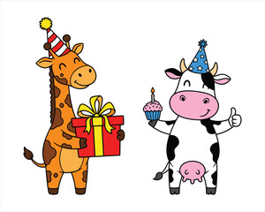 Naklejka premium Cute cartoon Santa Claus with a funny reindeer character and gifts in a snowy winter Christmas holiday illustration featuring a festive tree and New Year design