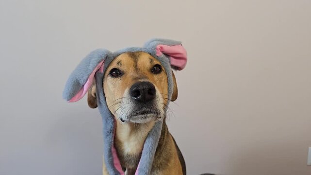 Funny portrait video of a dog in a bunny costume flapping its ears. Hilarious pet for Easter or comedy content.