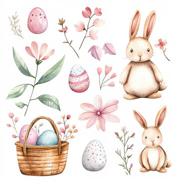 Charming Easter Bunny and Floral Elements Illustration