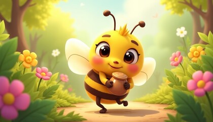 Obraz premium Cartoon bee smiling while holding honey in a colorful flower garden 