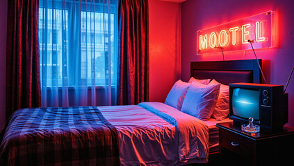Retro Bedroom with Neon Sign and Vintage TV