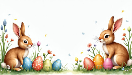 Two cute cartoon bunnies with colorful decorated Easter eggs in grass. Adorable spring holiday illustration for greeting card design.