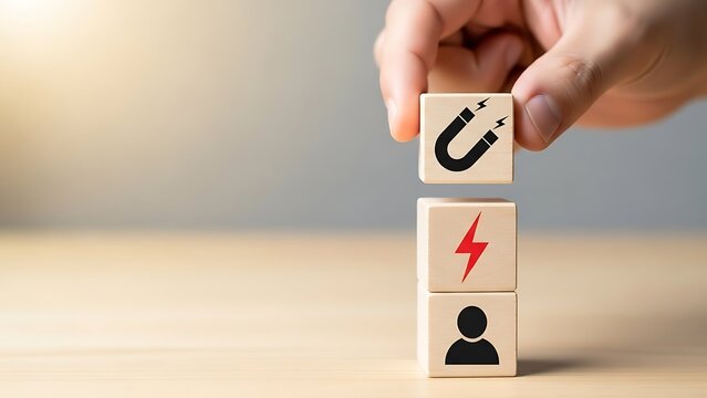 Hand placing wooden block with magnet icon on top of stack with person and energy symbols