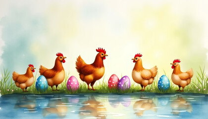 Cute hen and chicken with colorful Easter egg by lake on green grass. Spring holiday background with copy space. Watercolor illustration for card, banner, poster.