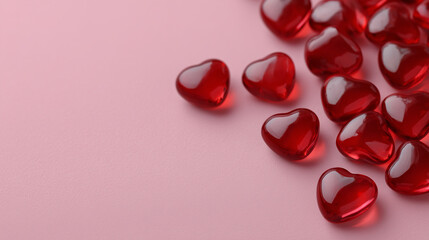 Red heart glass beads on pink background